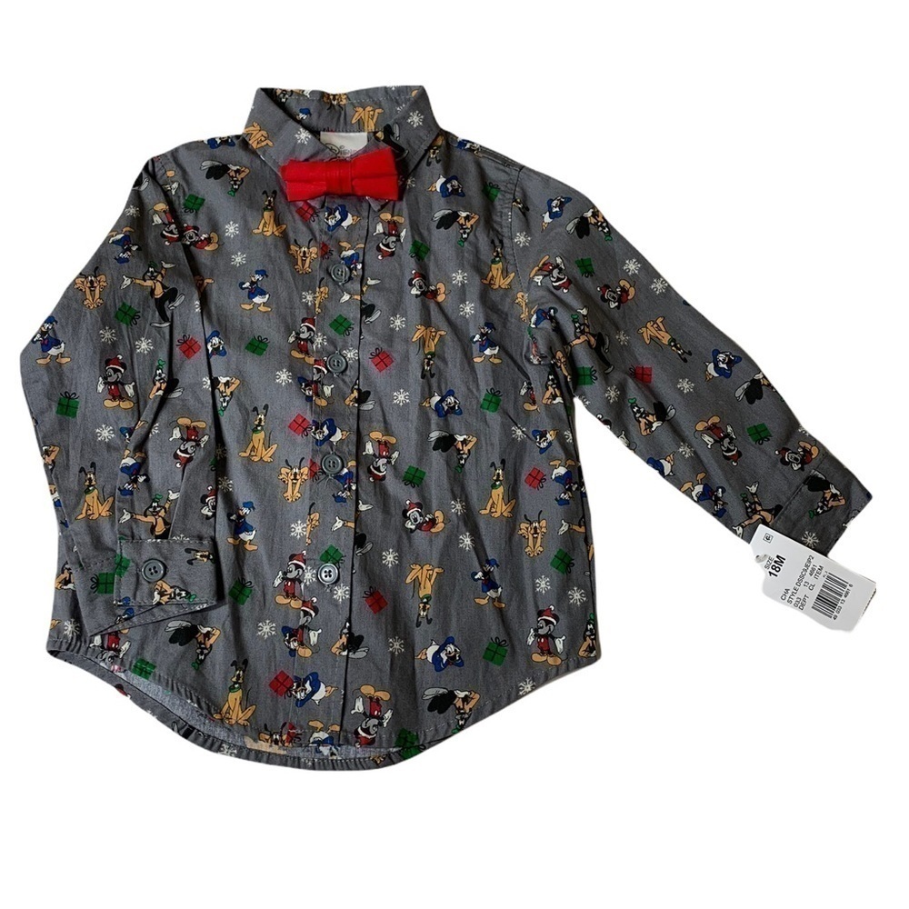 Disney holiday button up long sleeve shirt with red bow tie 18m